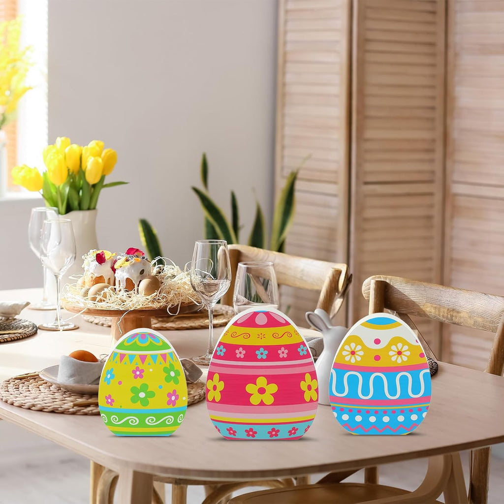 Threan Easter Egg Tabletop Decorations - 3 Pcs Wooden Signs for Spring Home & Dining Room Decor