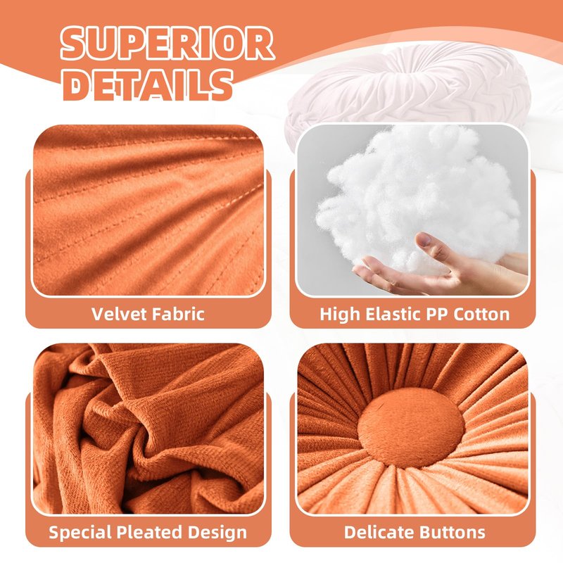 Teieas 2 Pcs Round Throw Pillows Pleated Velvet Pumpkin Round Pillows Floor Cushion for Living Room Couch Chair Bed Sofa 15.7"x15.7"/13.8" x 13.8" (Orange)