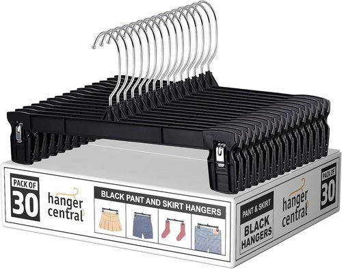 Hanger Central 30 Pack Pants Hangers - Heavy Duty Non-Slip Slim Plastic Clips for Skirts & Pants - Black