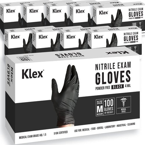 Klex Nitrile Exam Gloves - Medical Grade, Powder Free, Rubber Latex Free, Disposable Examination Grade Glove, Food Safe, Black, Medium, 1000 Count