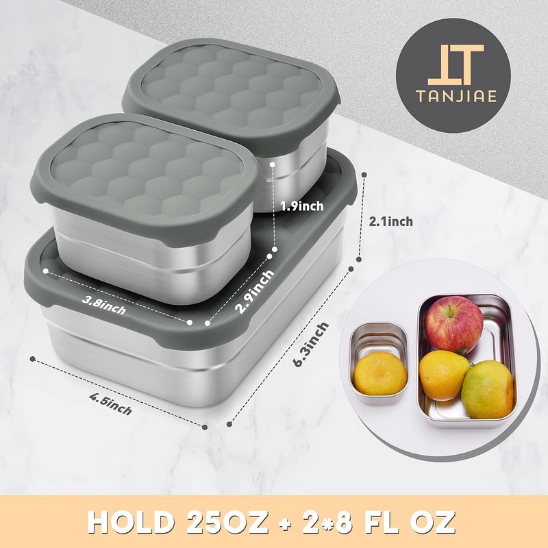 Tanjiae 3 CUP+1 CUP Stainless Steel Lunch Snack Containers Set | Leak Proof 304 Stainless Steel Food Containers with Silicone Lids - Perfect Metal Lunch Box for School and Daycare (25oz+8oz*2)