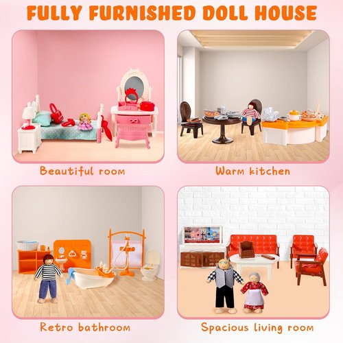 HyDren Wooden Dollhouse Furniture Set - 83 Pcs with 8 Flexible Dolls for 5 Rooms | Perfect Gift for Toddlers