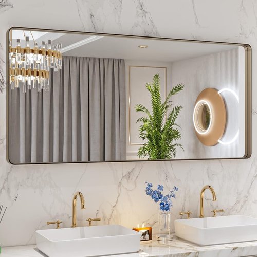 LOAAO Bronze Bathroom Mirror - 60”x28” Rounded Rectangle with Anti-Rust Frame | Hangs Horizontally or Vertically