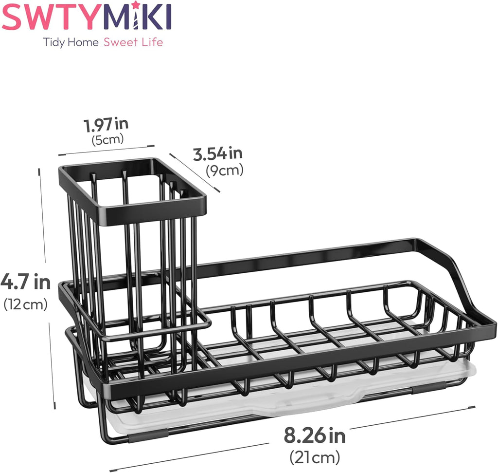 SWTYMIKI Sink Caddy Sponge Holder - Stainless Steel Kitchen Organizer for Dish Soap & Sponges, Black