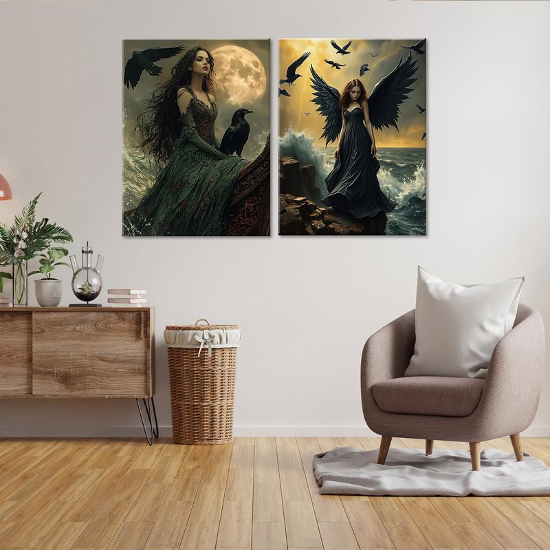 ouiytws Mystic Gothical Wall Art - Dark Fantasy Raven Witch and Black Winged Angel Artwork, Ocean and Moon Theme Canvas Print, Gothic Decor for Bedroom and Living Room, 2 Panels (16"x24" Each)