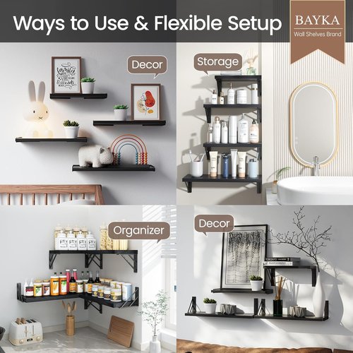 BAYKA Wall Mounted Floating Shelves - Space-Saving Wood Display & Organizer for Books | Black, Set of 4