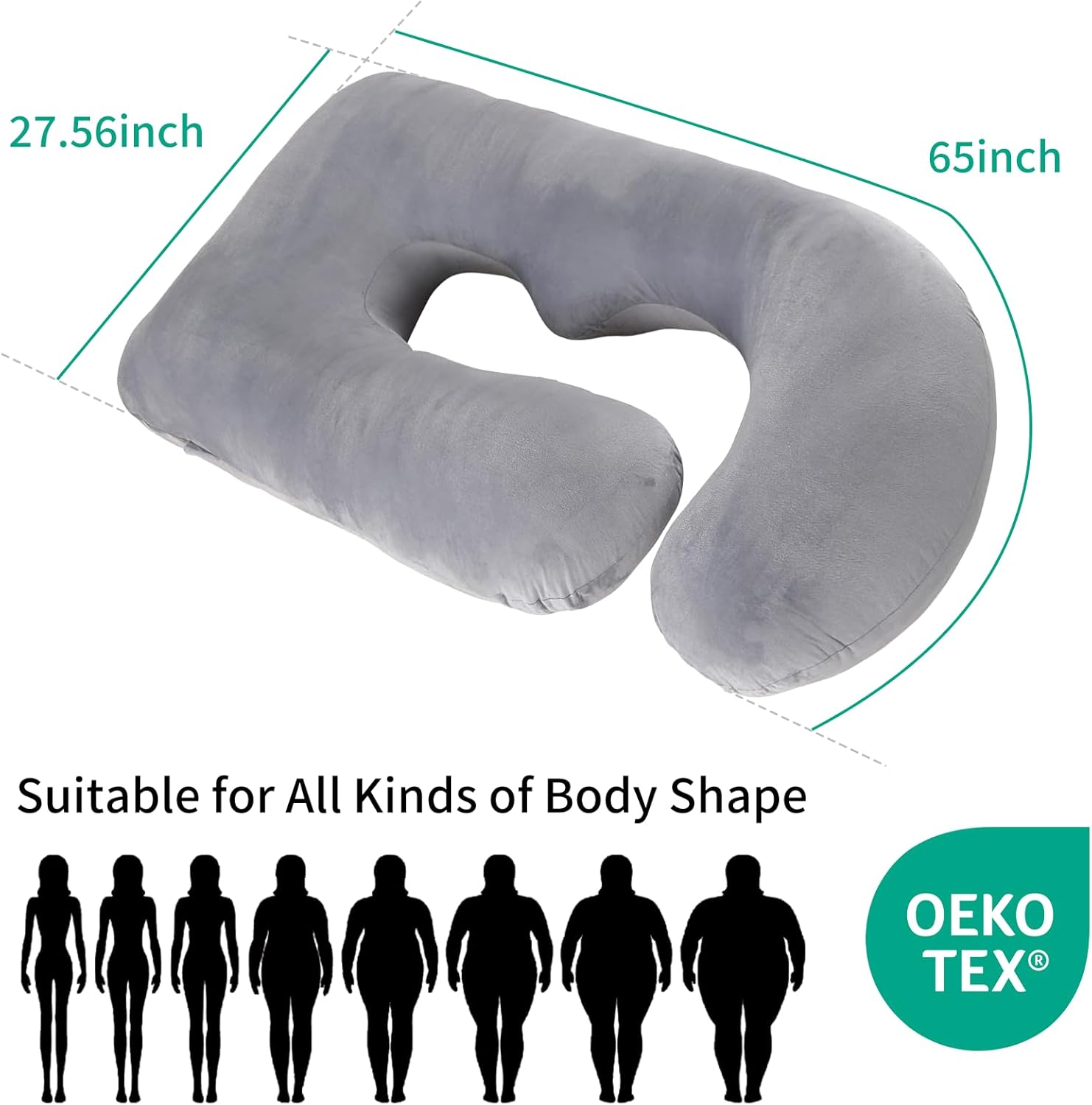 Skiennix U-Shaped Pregnancy Pillow - Full Body Support for Back, Hips & Belly | 65-Inch Velvet Grey Maternity Essential