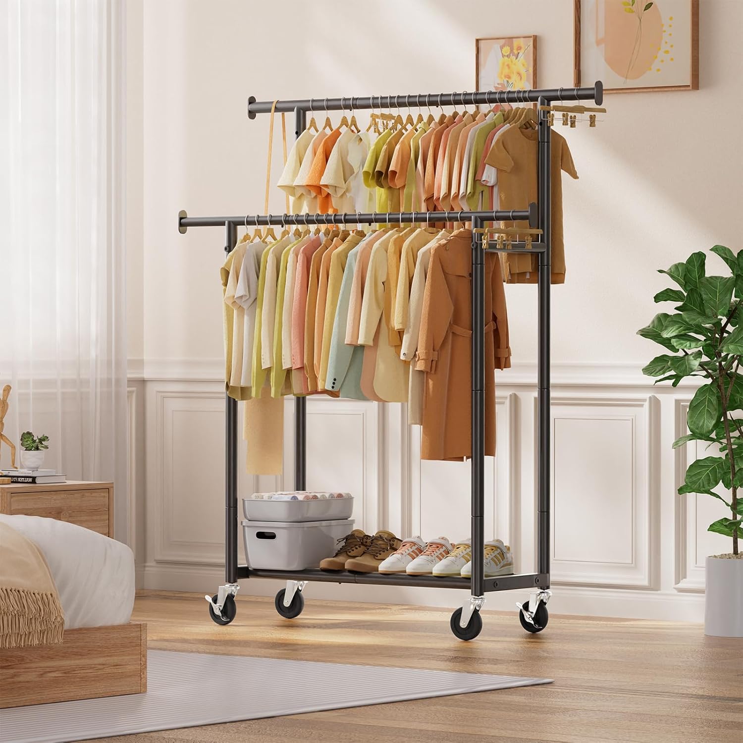 Skiennix Double Rod Clothing Rack - Portable Metal Garment Rack with Rolling Wheels | Black