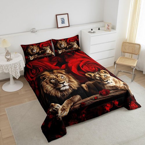 Feelyou Lion Comforter Set Queen Size Kids Red Rose Floral Comforter for Boys Girls Teens 3D Wild Animal Pattern Bedding Set Romantic Flower Duvet Set Valentine's Day Quilt