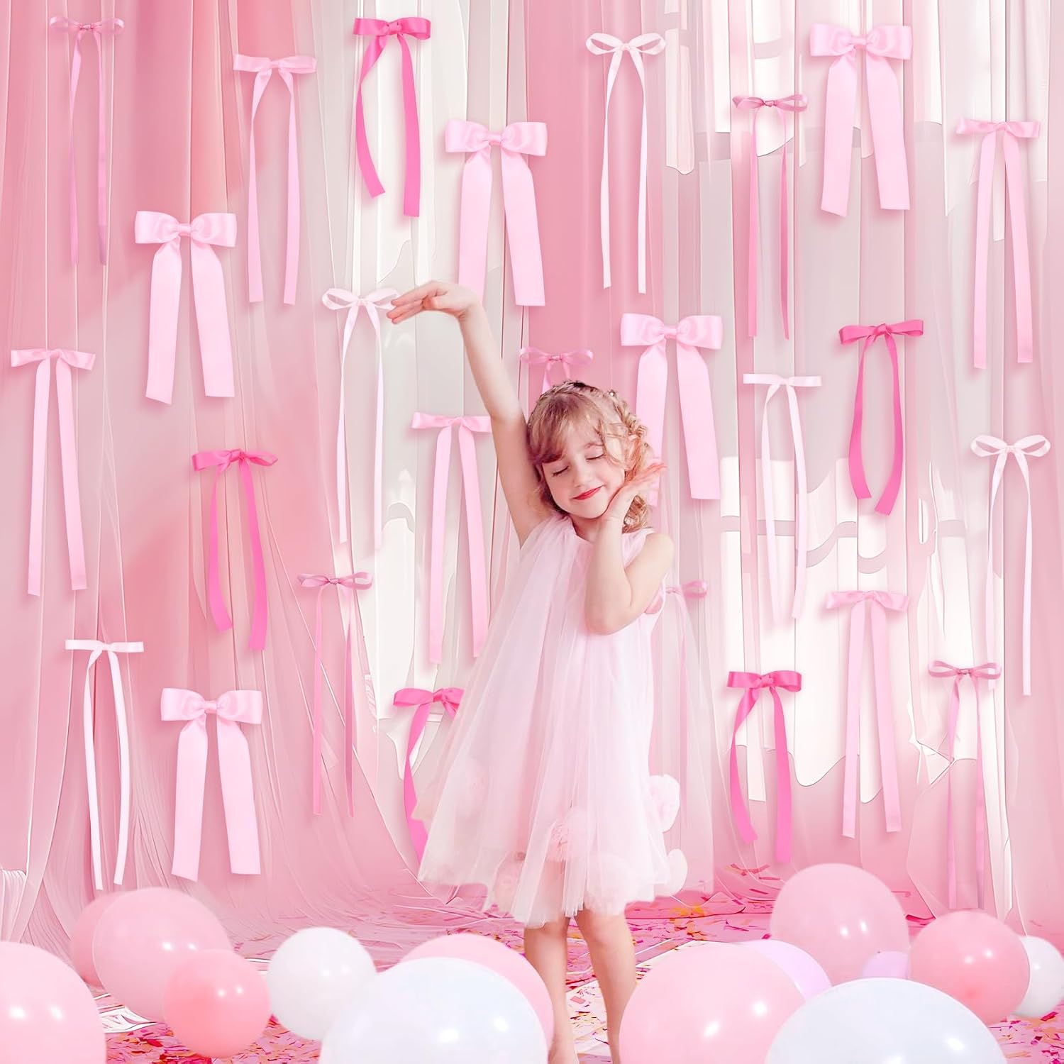 Skiennix Pink Bow Wall Decor - 40 Pcs DIY Ribbon Bows Garland for Birthday, Baby Shower & Room Decor