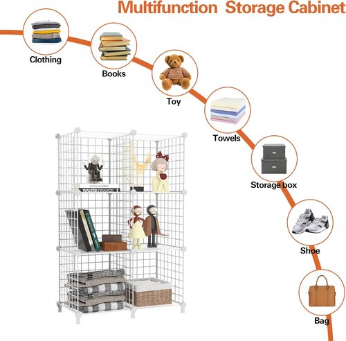 AWTATOS 6-Cube Storage Organizer - DIY Stackable Wire Shelves for Home Office | White Bookcase Cabinet