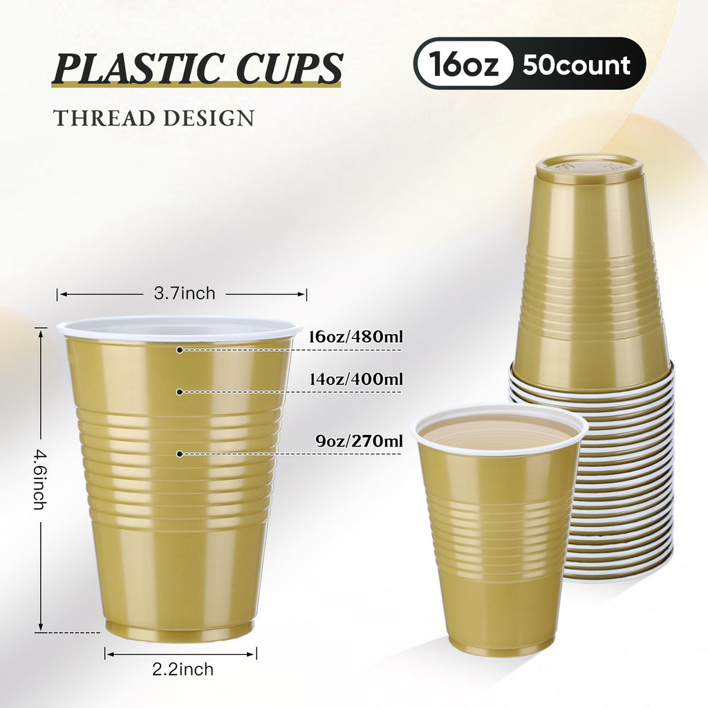 Mifoci 50 Pcs 16 oz Plastic Disposable Cups Plastic Drinking Cups for Saint Patrick's Day Wedding Birthday Graduation Party Valentine Christmas Picnics Barbecues Supplies(Gold)