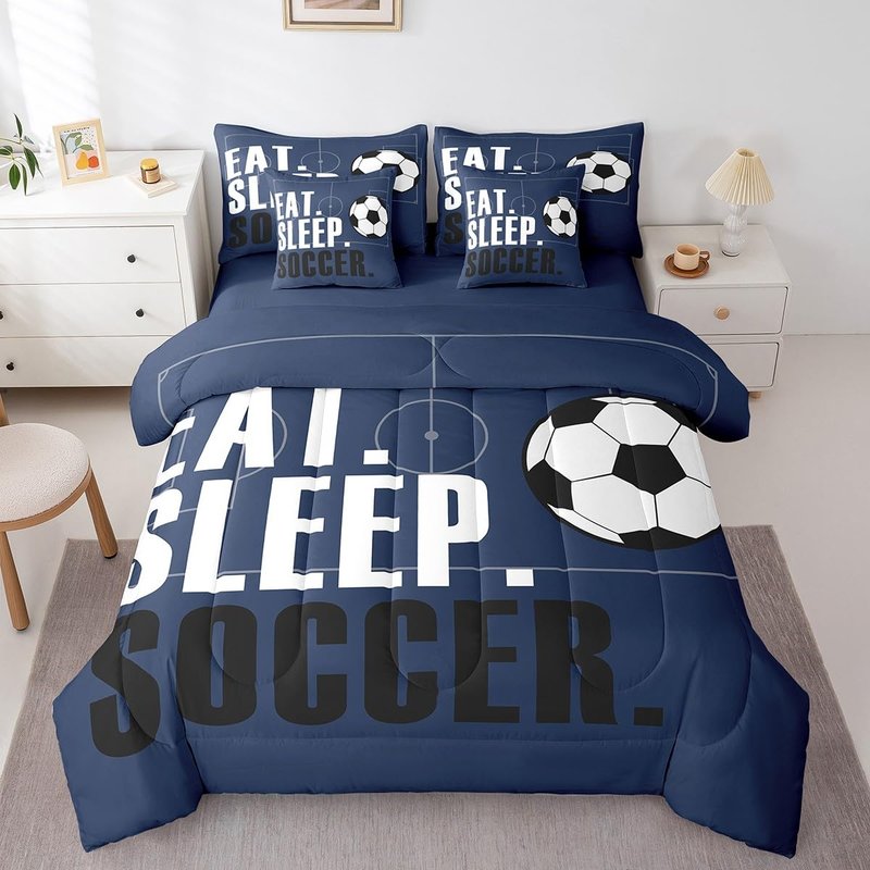 Feelyou Soccer Ball Comforter Set with Sheets Full Size Soccer Field 7 Pieces Bedding Set for Kids Boys Girls Teens Football Sports Ball Game Bed in a Bag Gift for Football Lover Bed Set
