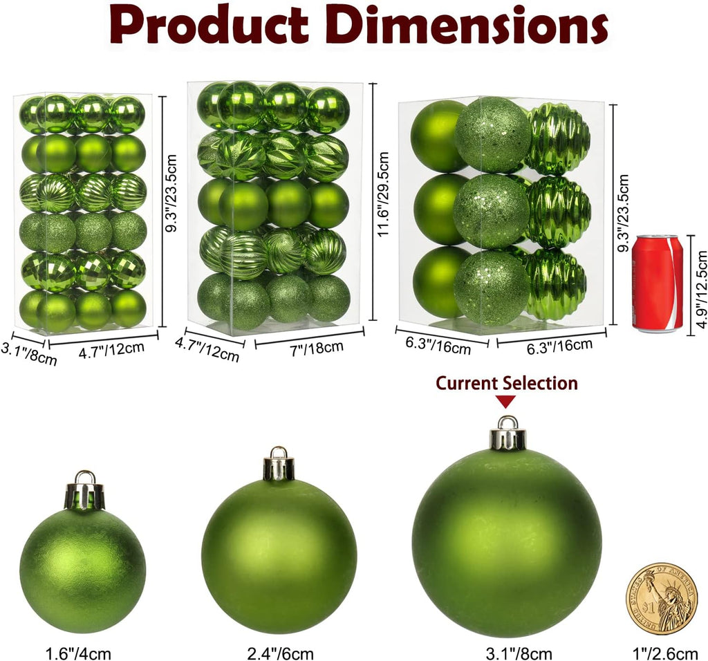 Skiennix Green Christmas Ball Ornaments - 12Pcs Shatterproof Medium Tree Decorations for Holiday Decor