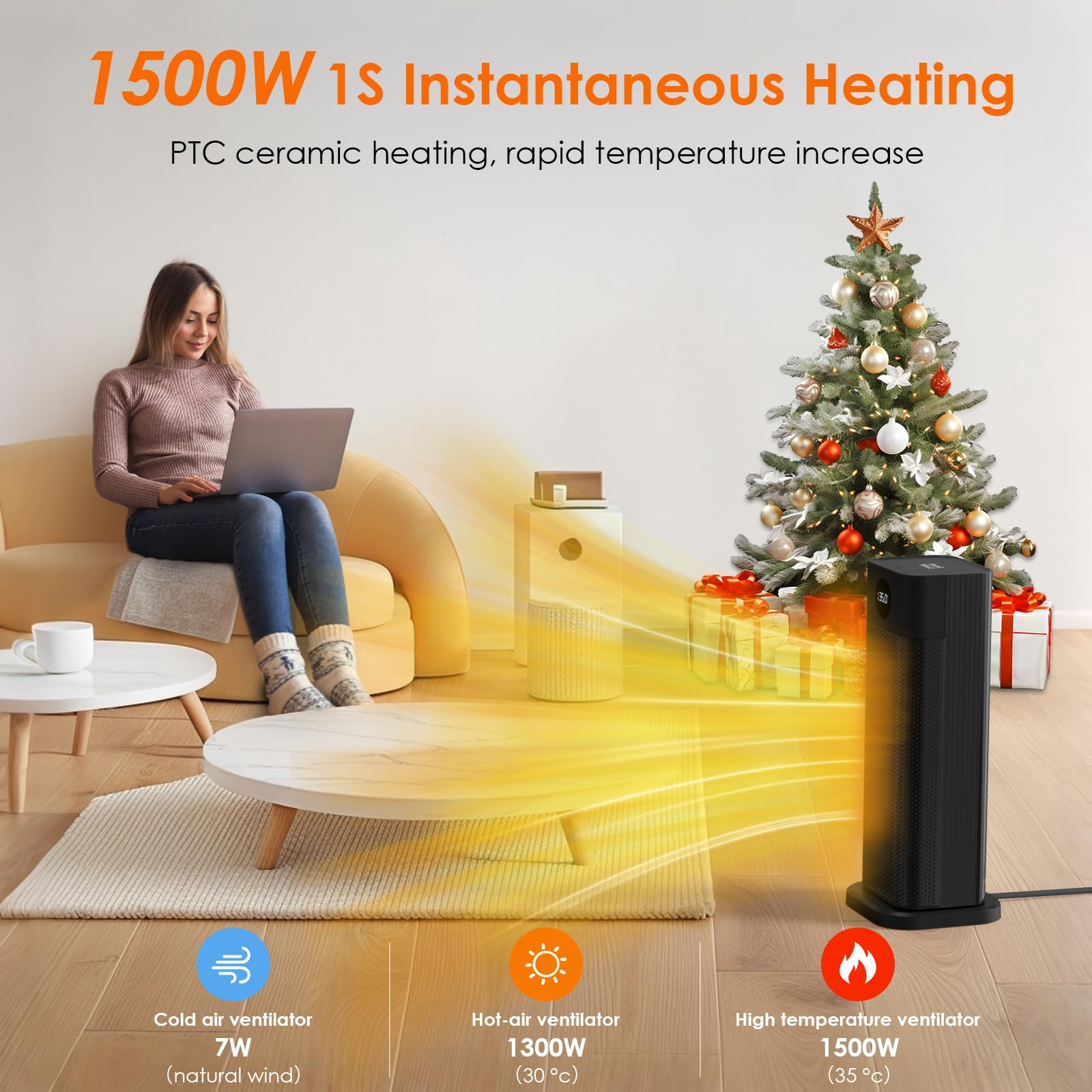 Minthouz Space Heater - 1500W PTC Ceramic Tower Heaters for Indoor Use with Adjustable Thermostat, Timer and Remote Control, Quick 1s Heat-up 70° Oscillation Electric Heater for Office, Bedroom, Room