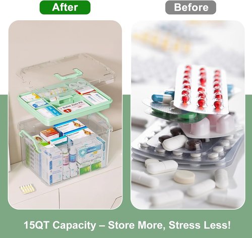 ANYPROLUS 15QT Clear Medicine Organizer Box - Durable Plastic First Aid Container with Tray