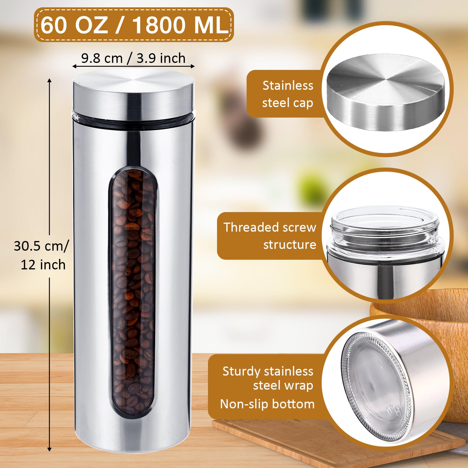 Mimorou 3 Pcs Stainless Steel Canister Set with Glass Windows Visible Storage Jars Silver Kitchen Canister Set for Pasta Flour Oat Sugar Container, Kitchen Tools, Housewarming Gifts(60 oz)