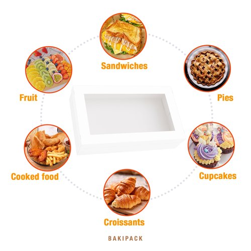 BAKIPACK 10 White Catering Boxes, 17x10x4 inches Bakery Boxes with Window, To Go Paper Food Containers Disposable for Charcuterie, Sandwiches