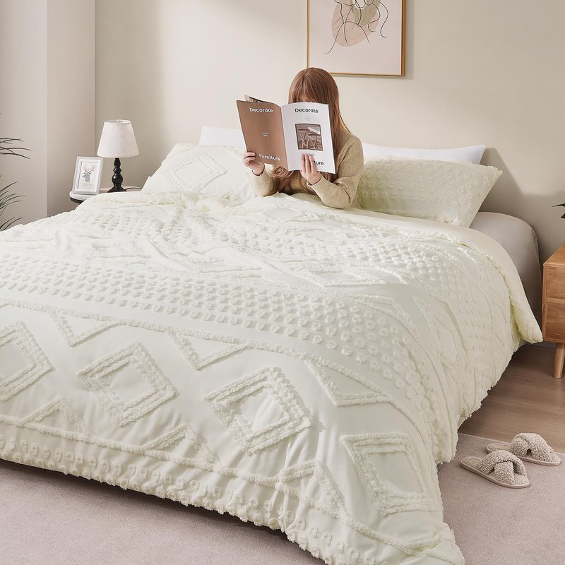 YIXWZAS Boho King Comforter Set Beige with Sheets, 3 Pieces Tufted King Comforter Sets Boho Bedding Cream Soft Warm Neutral Comforter Sets for All Seasons