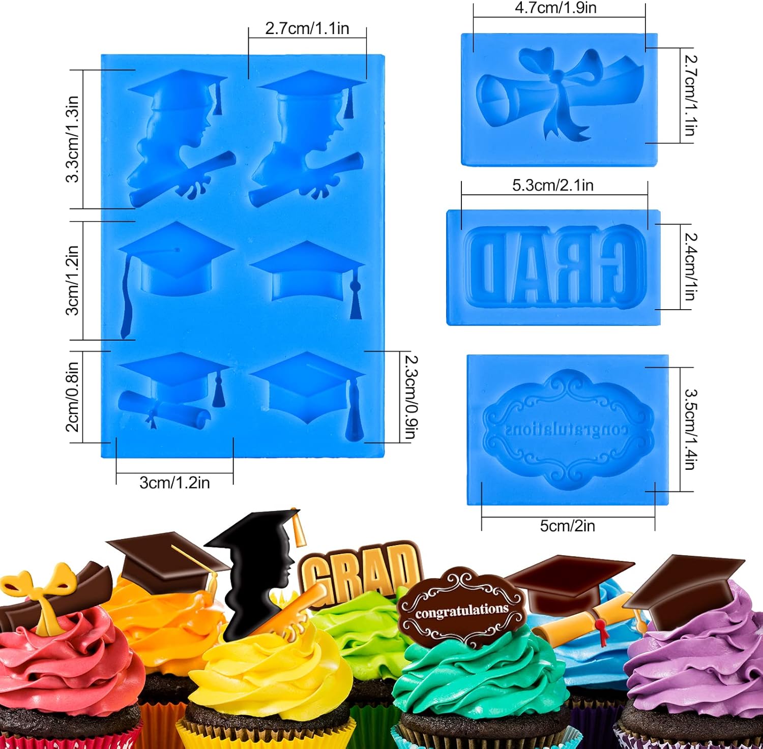 Whaline Graduation Mini Fondant Molds - 4 Pack Silicone Graduation Cap & Diploma | Blue Cake Decor