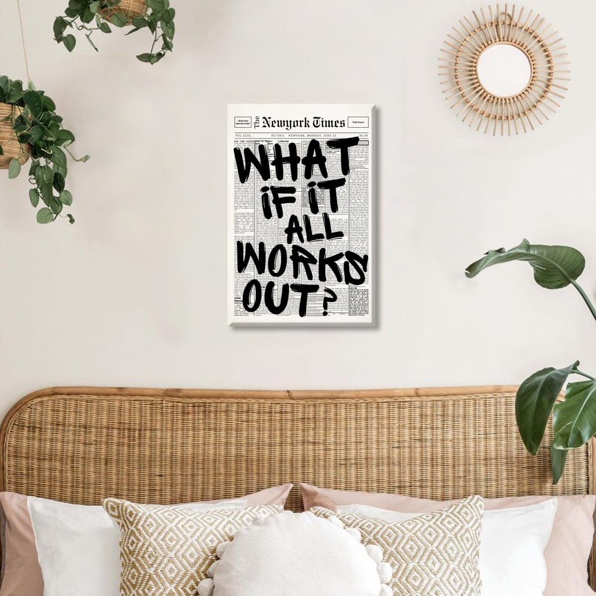 Skiennix Retro Black and White Newspaper Wall Art - Positive Quote Canvas Print 12x18 Inch Unframed | Trendy Apartment Decor