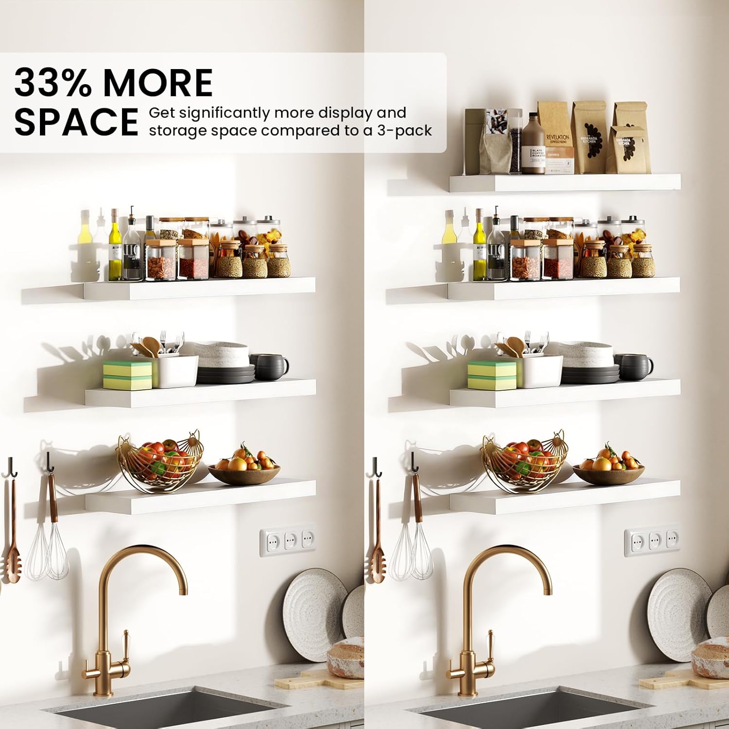 BAYKA Floating Shelves - Rustic Wall-Mounted Wood Shelves | 15.7in, Set of 4, 22lbs Capacity (White)
