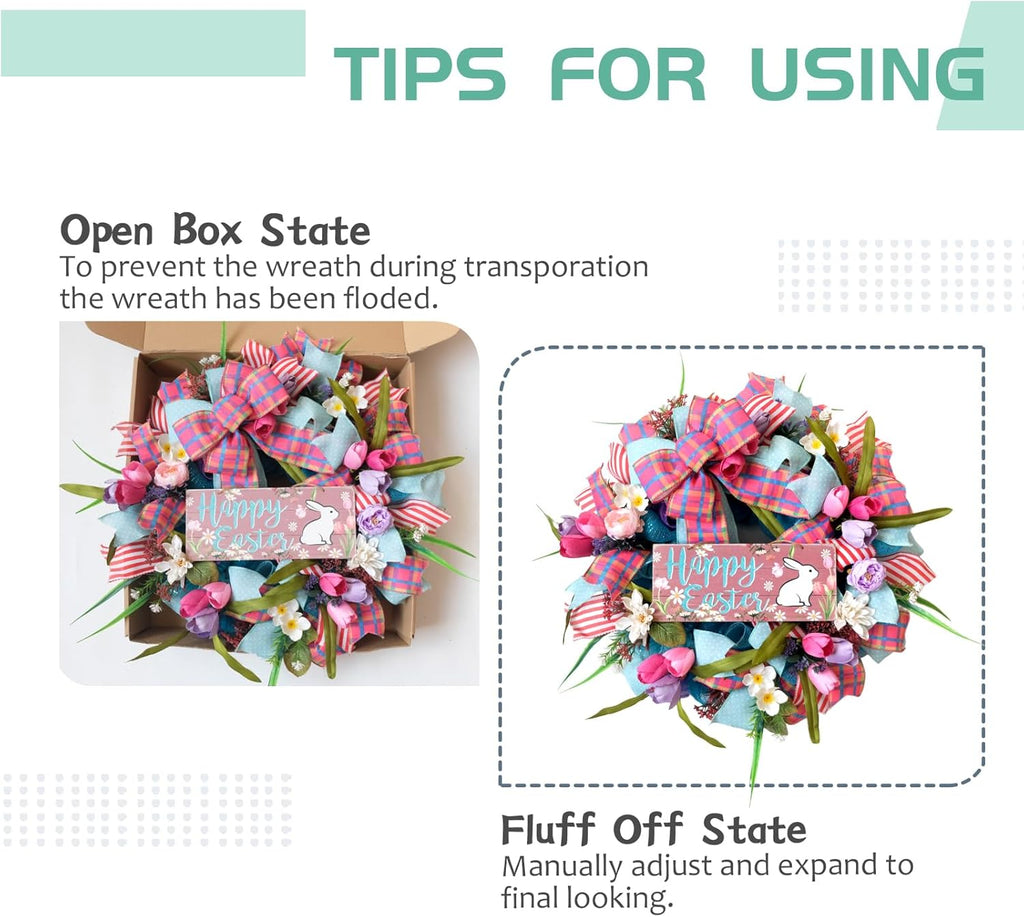 Skiennix 22-Inch Easter Bunny Wreath - Spring Decor with Pink Tulips & Flowers for Indoor/Outdoor Use