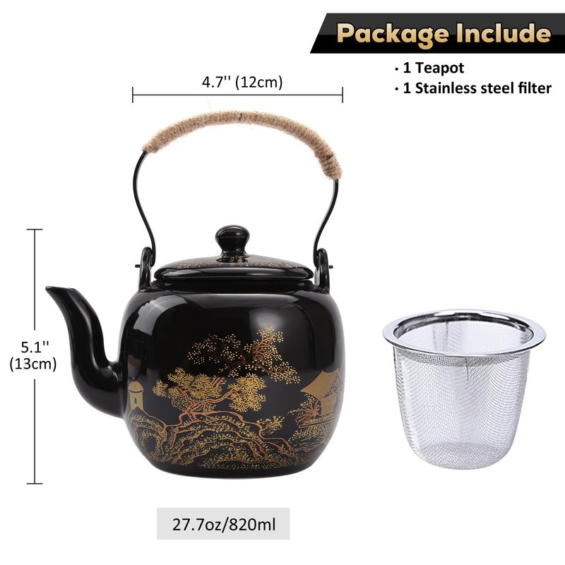 DUJUST Traditional Japanese Tea Pot, Black Porcelain Chinese Teapot with Stainless Infuser, Beautiful Asian Teapot for Adults, Tea Lover/Women/Men (Countryside in Golden)