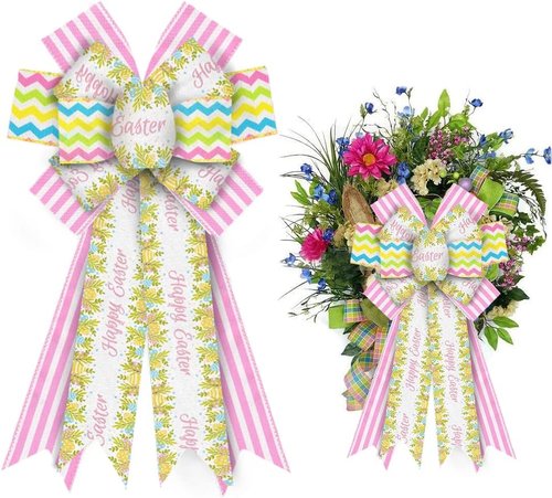 Hying Large Easter Bows - White & Pink Burlap Wreath Bows with Eggs & Leaves | Perfect Spring Decorations