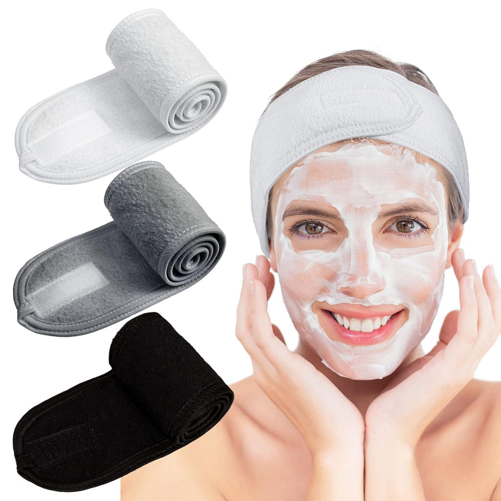 Whaline Spa Facial Headband Set - Adjustable Terry Cloth Wraps for Makeup & Skincare | 3 Pcs in White, Black, Gray