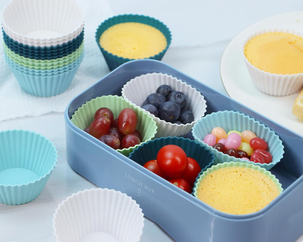 Skiennix Silicone Baking Muffin Cups - 12 Pack Reusable Cupcake Liners | BPA Free, Dishwasher Safe (White, Green, Navy, Dusty Blue)