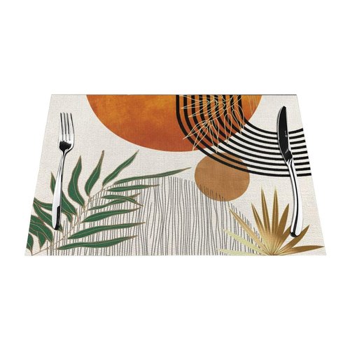 Mid Century Placemats 12x18 Inches Set of 4, Modern Boho Green Orange Tropical Leaf Decorative Rectangle Table Mats for Party, Home Kitchen,Dining Table Decoration