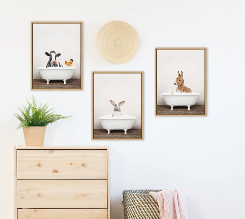 Kate and Laurel Sylvie Baby Donkey in Rustic Bath Framed Canvas Wall Art by Amy Peterson Art Studio; 18x24 Natural; Modern Fun Decorative Bathtub Wall Art for Home Décor