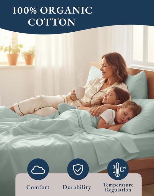 LANE LINEN 100% Organic Cotton King Sheets - Soft & Comfy Percale Bedding | Eco-Friendly Cool Blue, 15" Deep Pocket