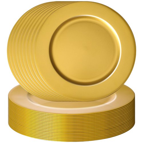 Hoemwarm 36 Pcs Golden Charger Plates Bulk 13 Inch Plastic Gold Plates Dinner Round Tray Charger Tableware Dish for Table Setting Wedding Holidays Party Decor