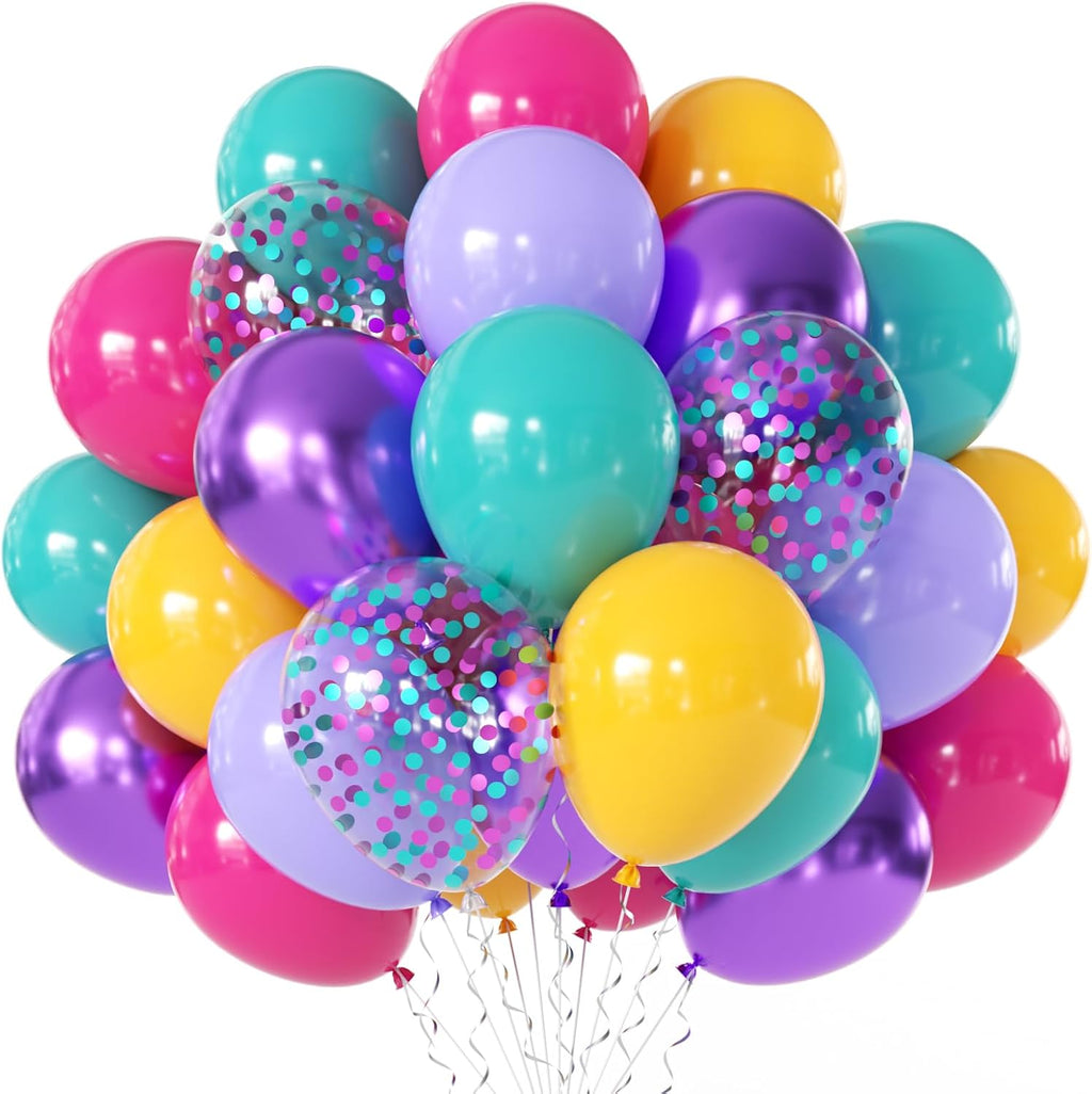 Skiennix 50 Pcs 12 Inch Hot Pink, Purple & Teal Balloons - Metallic Confetti for Birthday & Baby Shower Decor