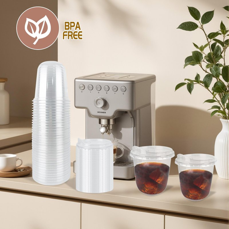 Foxtell 100 Pcs 12 Oz Clear Plastic Cups with Strawless Sip Lids Disposable Round Bottom Togo Cups for Iced Coffee Smoothie Beverage Cold Drinks Disposable Iced Coffee Cups for Party Catering BBQ