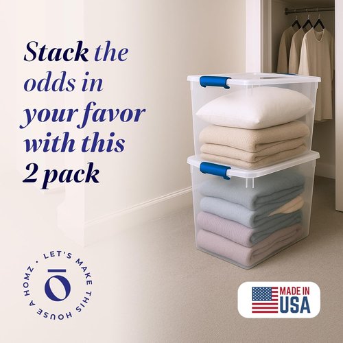 HOMZ Clear Plastic Storage Bins - 2-Pack Latching Lid Organizers, 112 Quart, Blue | Stackable for Home & Office