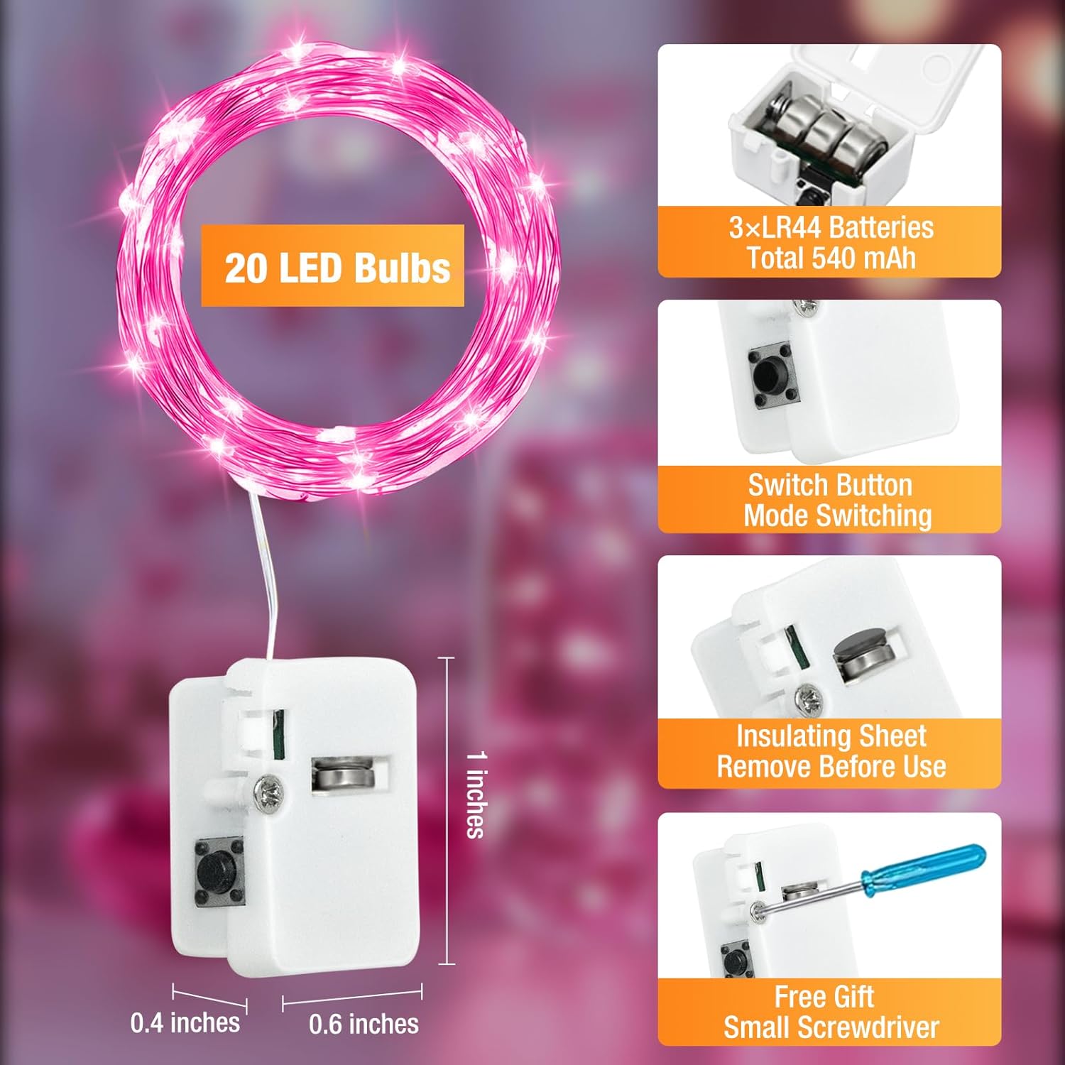 Skiennix 6 Pack Fairy Lights - 7ft 20 LED Twinkle Lights, Waterproof Mini String Lights for DIY Decor | Pink