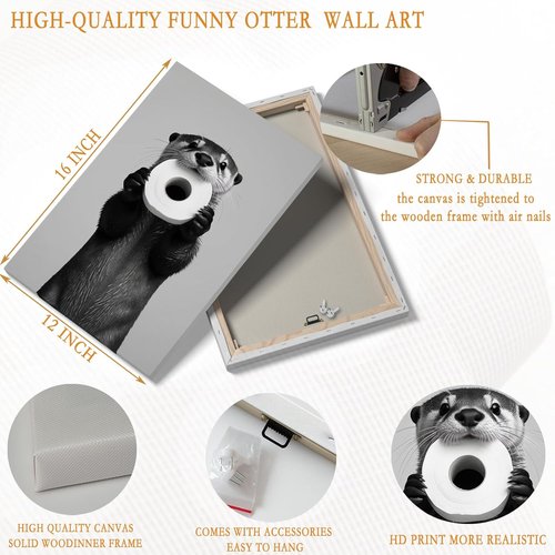 Funny Otter Wall Art by [Brand Name] - Humorous Black and White Canvas Print | Cute Otter with Toilet Paper, 12x16''