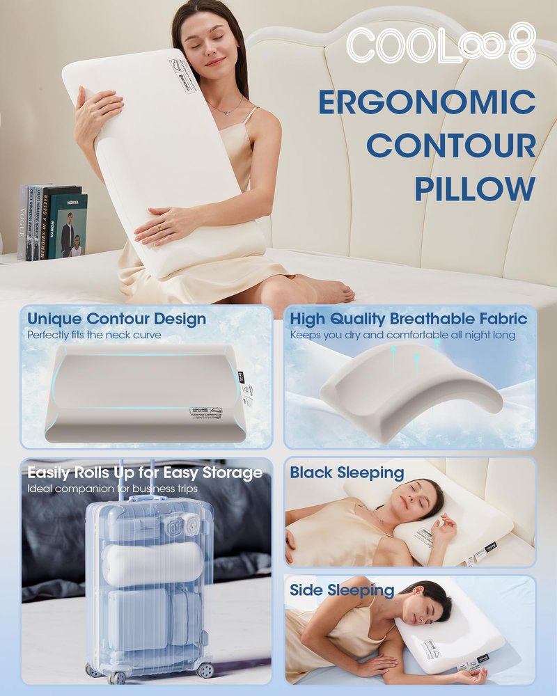 Ultra-Thin Memory Foam Pillows Queen Size, Contour Cooling Cervical Pillow for Neck Pain Relief, Orthopedic Ergonomic Bed Pillow for Side, Back and Stomach Sleepers, (3.1 Inch Thickness, 1 PCS)