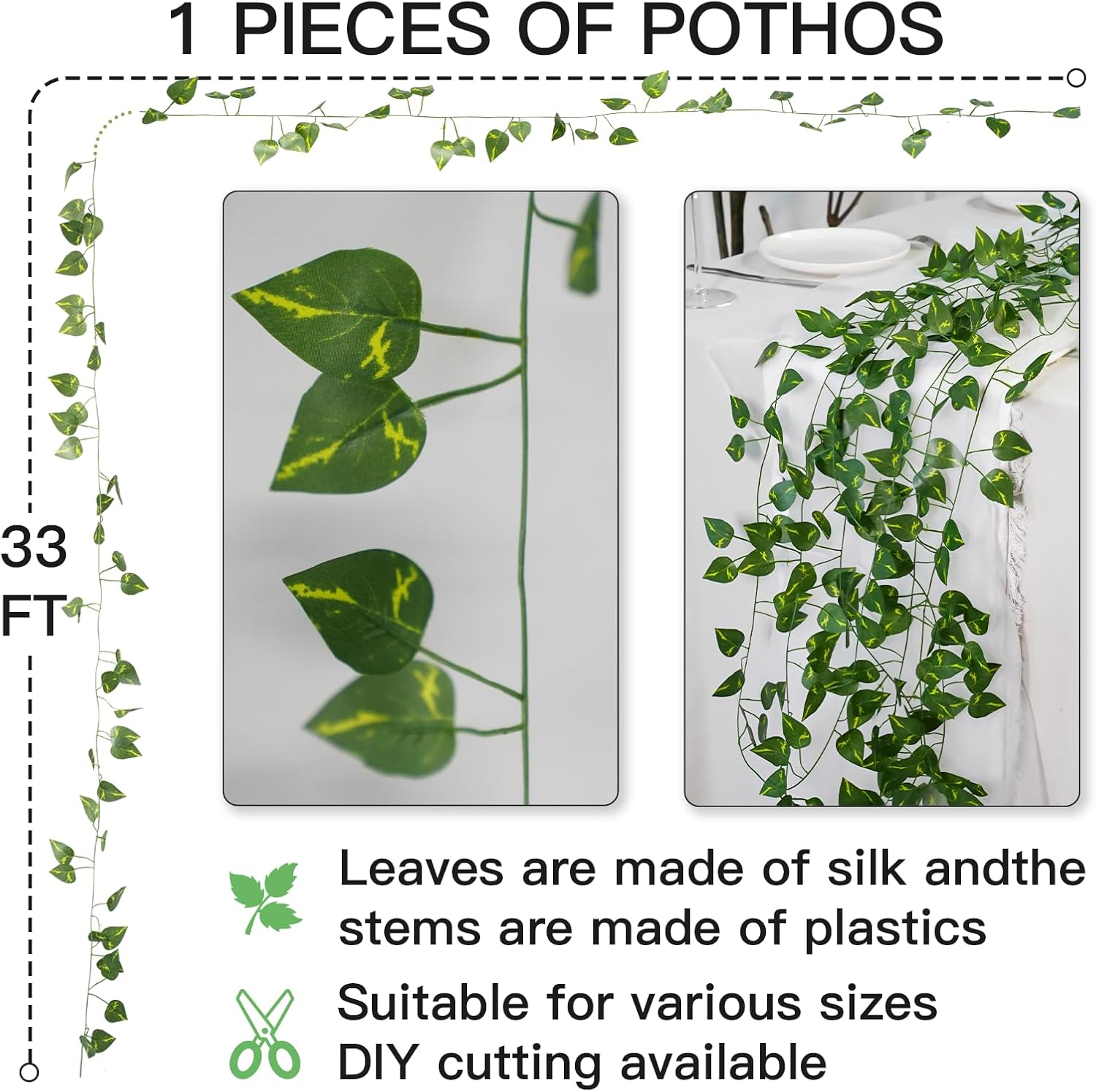Suddus Artificial Pothos Vines with Fairy Lights - Battery Operated Leaf Decor for Bedroom, Garden & Events