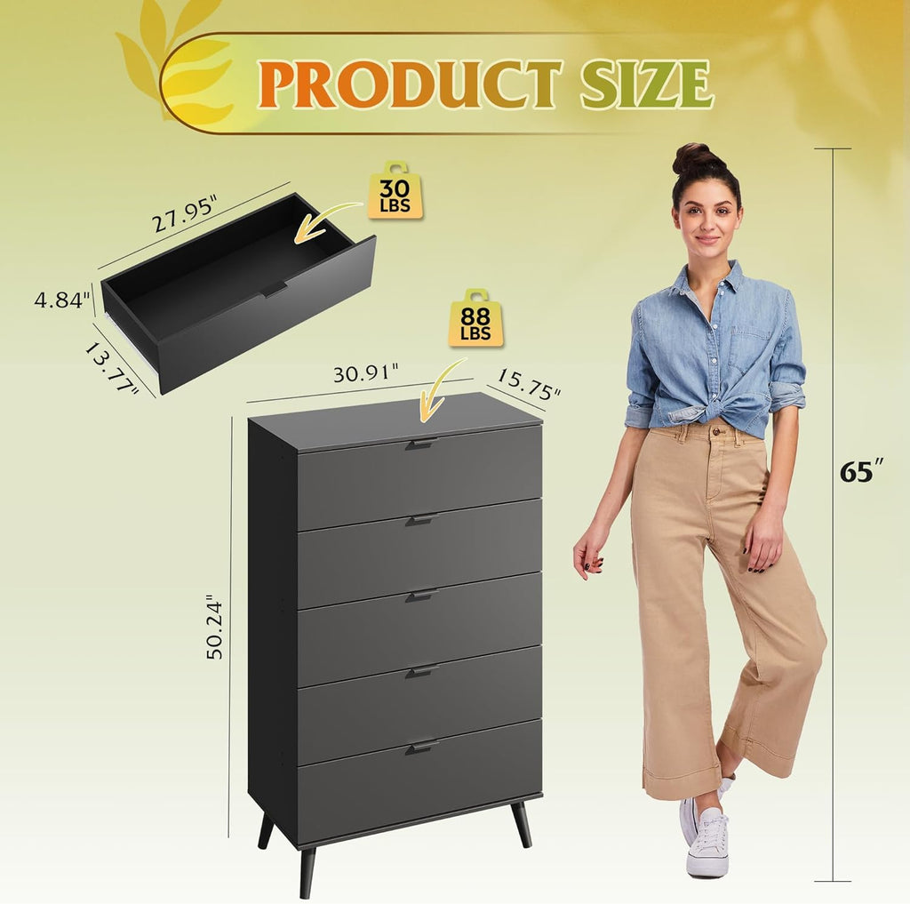 WLIVE 5 Drawer Dresser - Tall Wooden Storage Organizer with Sturdy Metal Handles | Black Chest for Bedroom, Living Room, Hallway