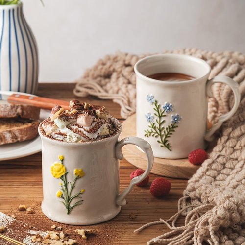 DELIGHTS GALORE 2 Pack Floral Ceramic Coffee Mugs - Yellow and Blue Flowers, Hand-Painted, Microwave & Dishwasher Safe, Ideal for Cappuccino, Tea, Hot Chocolate