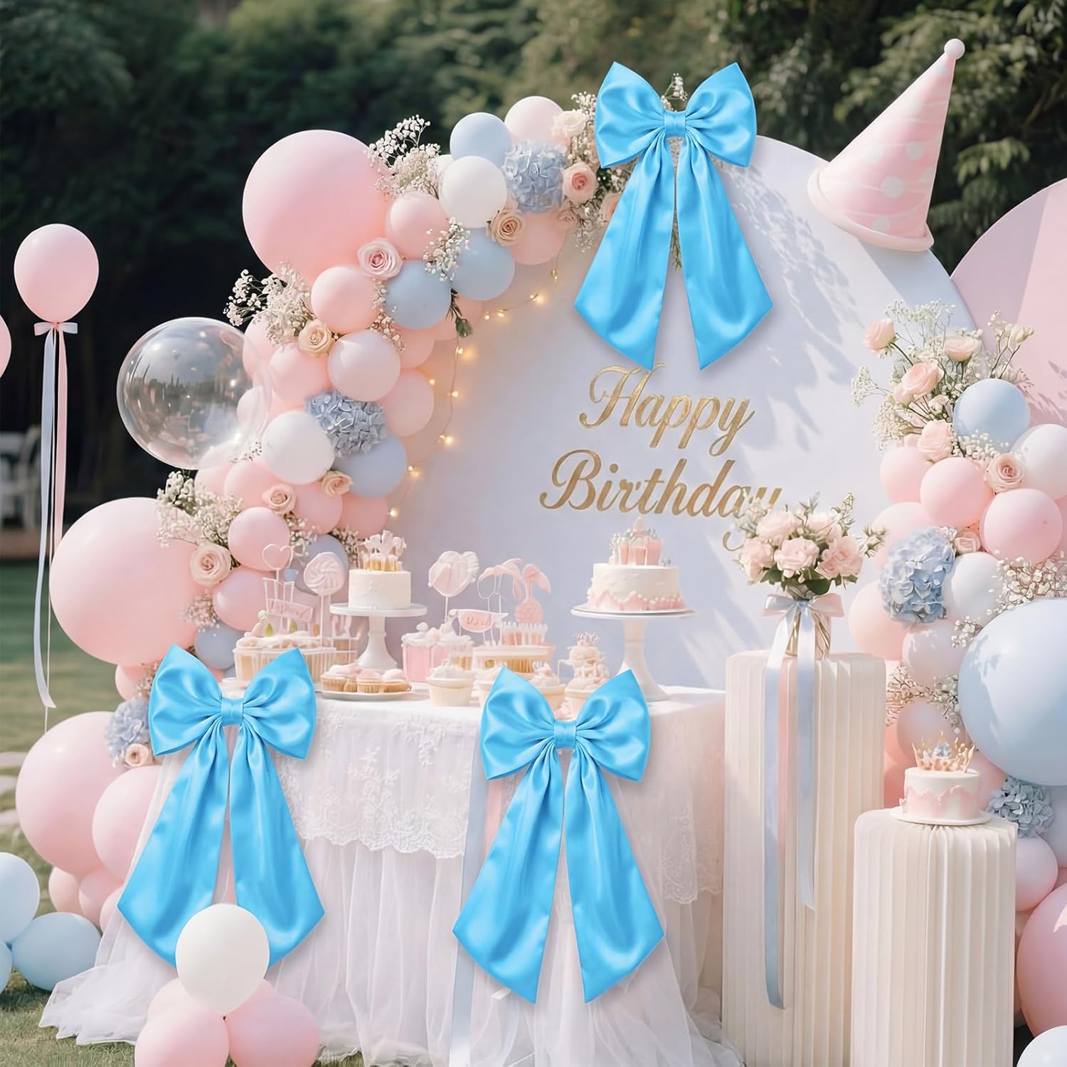 Suncalla Large Sky Blue Satin Bow Decorations - 3 Pcs | 2 Ft Hanging Wall Decor for Weddings & Parties