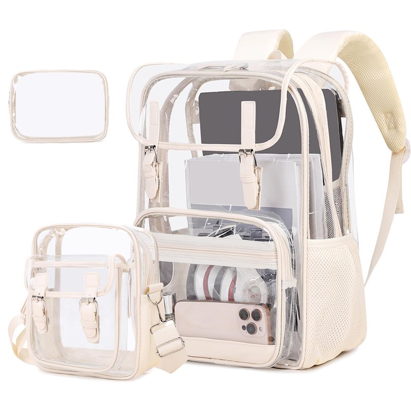 ACESAK Clear Backpack Heavy Duty Thick - Clear Bookbag with Lunch Bag Set for School See Through PVC Transparent Backpacks for College Travel Work Girls Women (Beige)