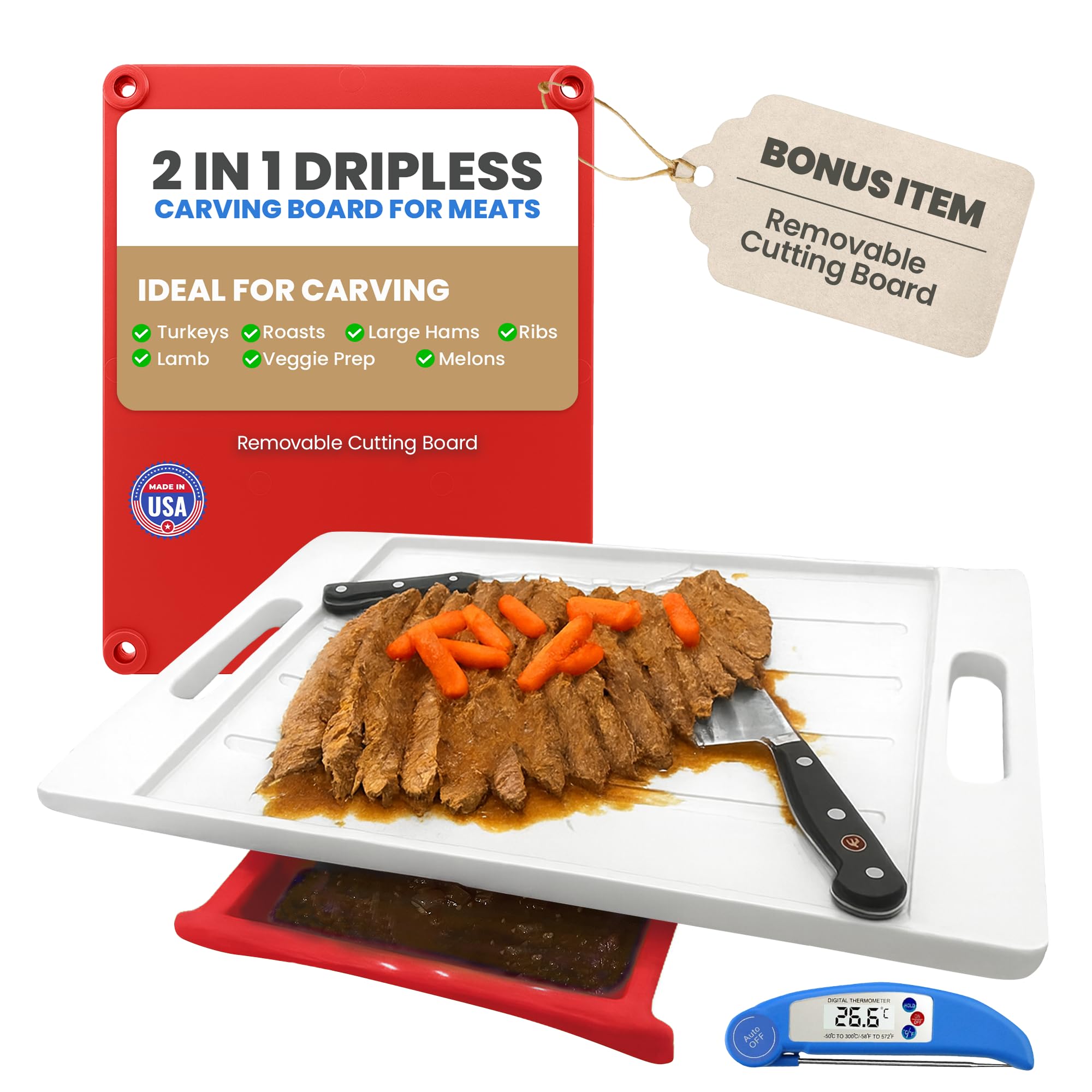 Large Cutting Board - XL Deluxe Meal Prep System with Meat Thermometer, Juice Groove, Spikes, Drip Tray & Removable BPA Free Cutting Board - Patented Multi-Feature Design Carving Board - Kitchen Gifts