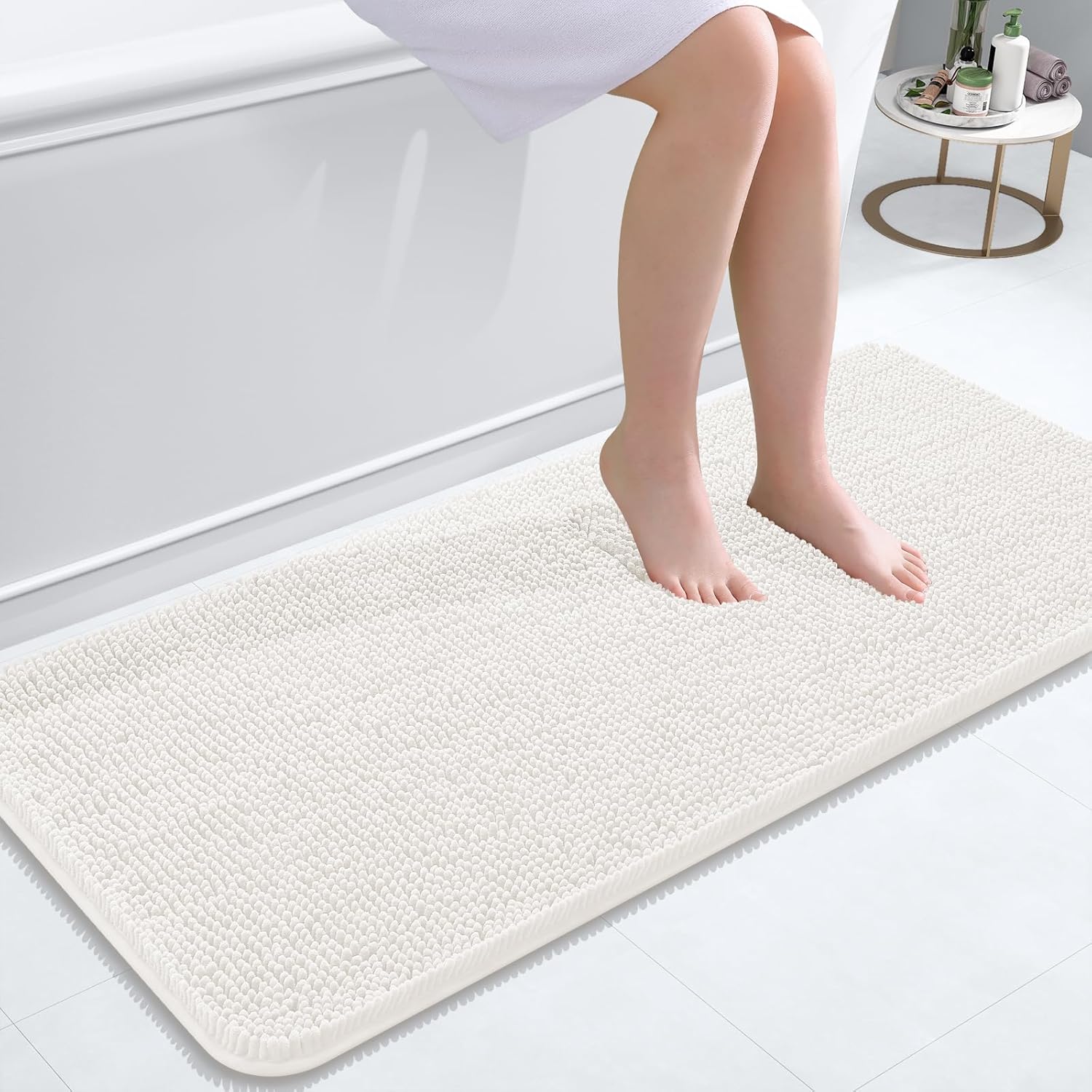 OLANLY Bathroom Runner Rugs - Extra Soft Chenille Bath Mats | Quick Dry, Machine Washable, 47x20, Ivory