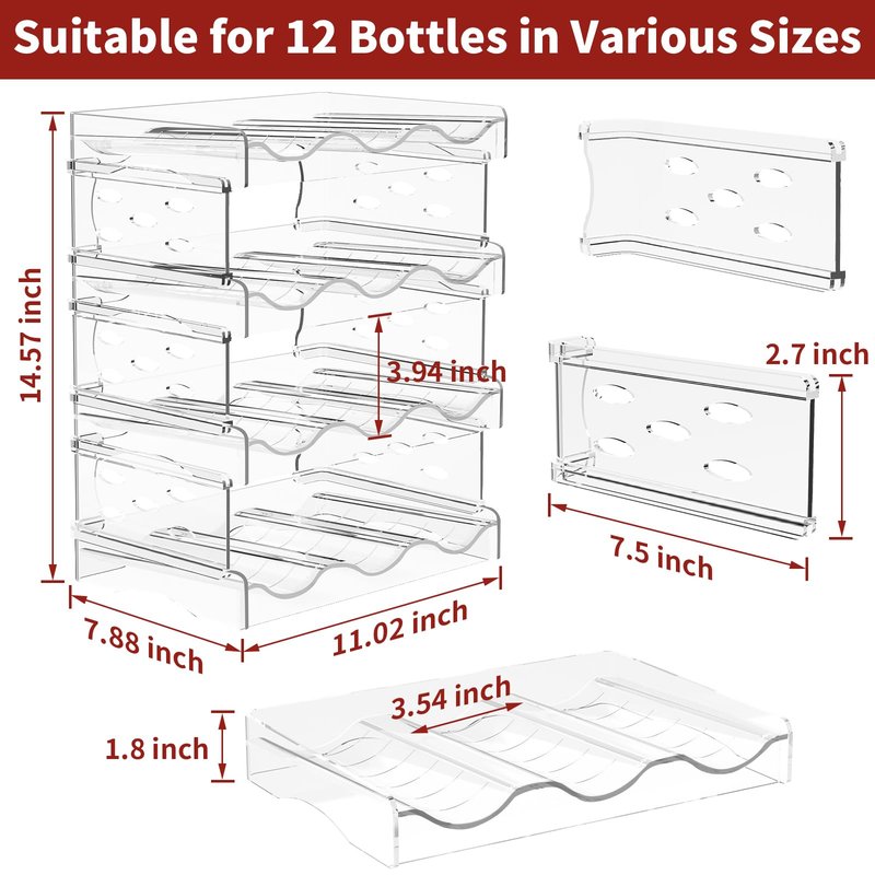 EZ COZY Wine Rack, 4 Tier Water Bottle Organizer for Cabinet, Stackable Clear Wine Holder for Pantry, Refrigerator, Countertop Organization (12 Bottles)