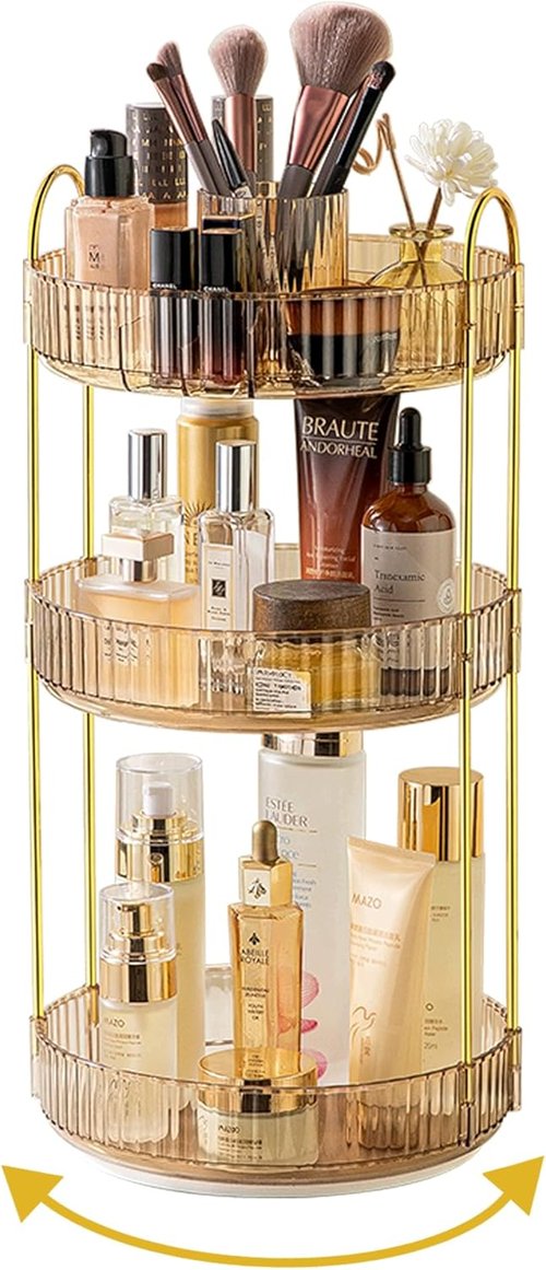 Asayuee 360° Rotating Makeup Organizer - 3-Tier Large Capacity for Skincare & Cosmetics | Gold